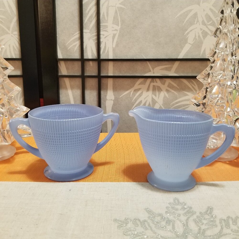 1940's Dominion Glass Canada Saguenay Pattern Creamer & Sugar - Periwinkle Blue